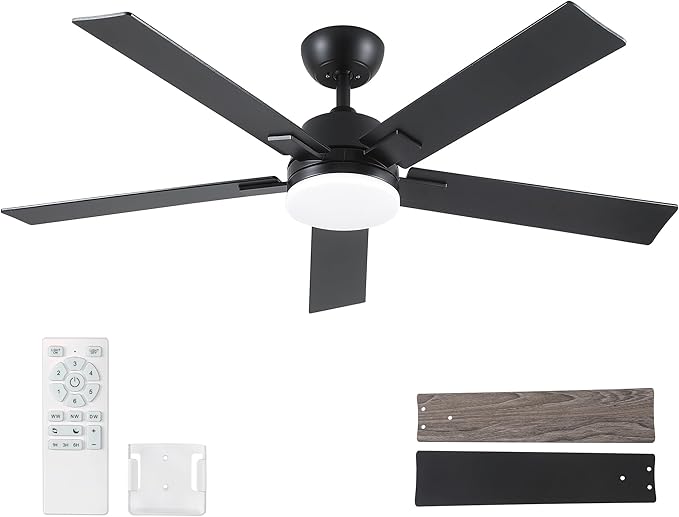 Rayqueen 52 Inch Ceiling Fans with Lights and Remote, 6 Speed Reversible DC Motor, 3CCT Dimmable LED, Black Modern Ceiling Fan for Bedroom, Living room & Covered Outdoor,Includes Downrod