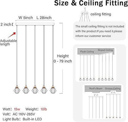 5-Lights Rectangular Pendant Light LED Dimmable Linear Crystal Chandelier Modern Rectangular Chandeliers for Dining Room Bedroom Silver Hanging Light