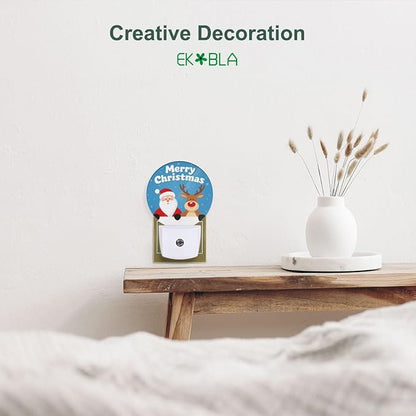EKOBLA Santa & Reindeer Plug-in Night Light, Merry Christmas Snowflake LED Nightlight with Auto Sensor for Holiday