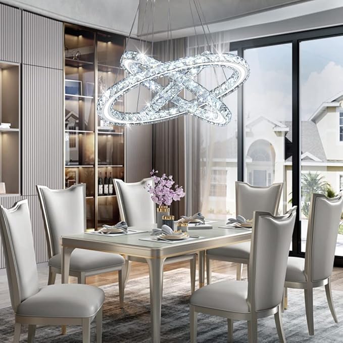 LED Chandeliers Modern Ceiling Light Fixture 3 Rings Adjustable Crystal Pendant Light Fixture Ceiling Hanging for Living Room Dining Room Bedrooms Hall 250mm Base 209 Crystals (Cool White)