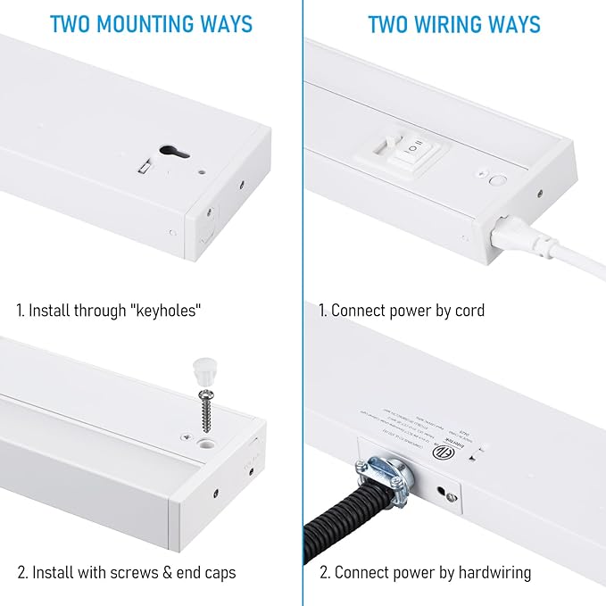 TORCHSTAR LED Under Cabinet Lighting 5CCT, 12 Inch 8W 600LM, Hardwired & Plug-in, 5 Color Selectable CRI90 120V ETL T24 Listed Dimmable Under Counter Lights for Kitchen, White Aluminum Housing, 2 Pack