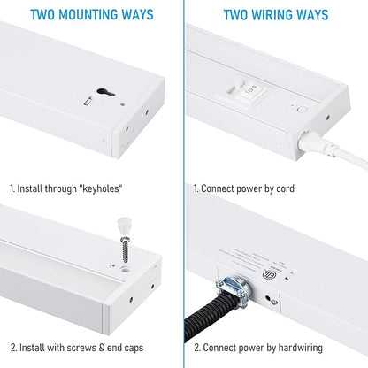 TORCHSTAR LED Under Cabinet Lighting 5CCT, 12 Inch 8W 600LM, Hardwired & Plug-in, 5 Color Selectable CRI90 120V ETL T24 Listed Dimmable Under Counter Lights for Kitchen, White Aluminum Housing, 2 Pack