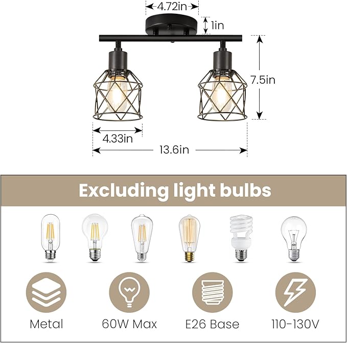 2-Lights Kitchen Track Lighting, Adjustable Multi-Directional Ceiling Light Fixtures, Rotatable Farmhouse Light Fixtures Mount with Metal Cage for Dining Room, Living Room, Bedroom, E26 Base