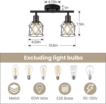 2-Lights Kitchen Track Lighting, Adjustable Multi-Directional Ceiling Light Fixtures, Rotatable Farmhouse Light Fixtures Mount with Metal Cage for Dining Room, Living Room, Bedroom, E26 Base