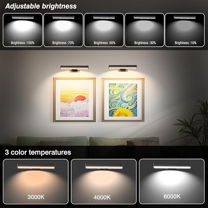 6Pack Wireless Picture Light for Wall Battery Operated Wall Sconces with Remote 3 Lighting LED Painting Light Timer&Dimmable Art Display Lights for Picture Gallery Posters Living Room Home Decor