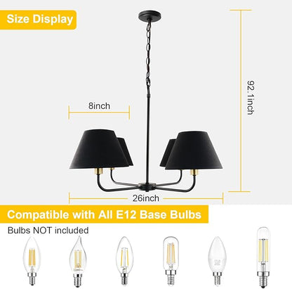 Kalium 4-Light Mid-Century Modern Chandelier, Black and Gold Farmhouse Chandeliers Hanging Dining Room Light Fixture with Fabric Shades for Kitchen Island, Living Room, Bedroom, Foyer