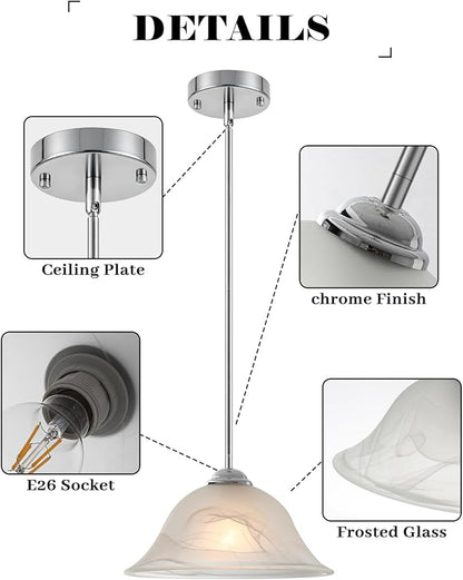 Chrome Pendant Lights Kitchen Island, 11.8” Glass Pendant Light Fixtures with Frosted, Hanging Kitchen Pendant Lights 2 Pack, Farmhouse Pendant Lighting for Kitchen, Dining Room, Bar (Rod)