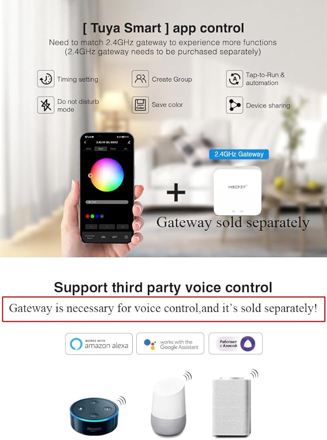 LGIDTECH E3-RF Miboxer 3 in 1 LED Strip Light Controller Tool-Free Wiring,Used for RGB & & RGBW & RGB+CCT LED Strip Light DC 12-24V,Smartphone APP & Voice Control via Gateway(Excluded)