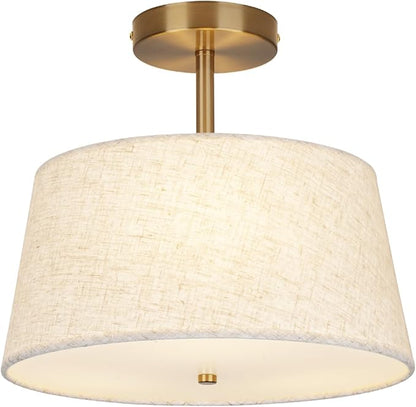 CALOKES Cone-Shaped Semi Flush Mount Modern Ceiling Light Fixture, 3-Light Drum Lamp with Gold Brass Finish and Beige Fabric Shade for Bedroom, Kitchen, Dining Room, Hallway, Entryway, and Foyer