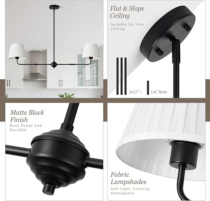 Black Linear Chandelier for Dining Room, 43.3" Modern Pendant Lighting with White Fabric Shade, Double Linear Dining Room Light Fixture Over Table for Kitchen Island Restaurant, E26 Base