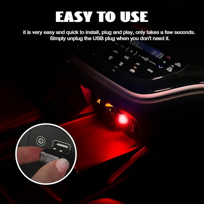 NTNEV 4PCS USB LED Car Interior Atmosphere Lamp, Mini Led USB Lights for Car Decoration, Ambient Lighting Kit, Plug-in USB Interface, Universal Car Interior Accessories (Red)