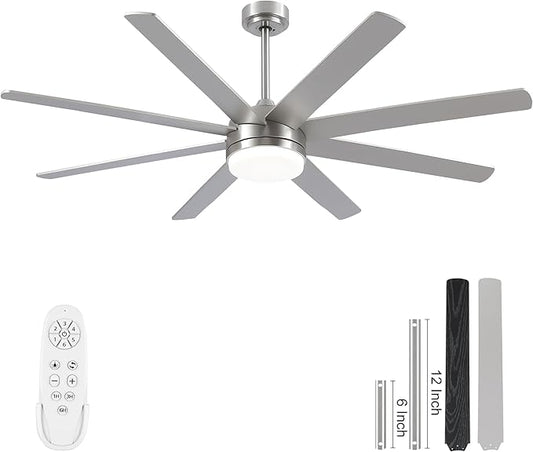 YUHAO 62 Inch Brushed Nickel Ceiling Fan with Light and Remote Control.Noiseless,Dimmable,3CCT,6 Speeds Reversible, DC Ceiling Fans for Indoor or Covered Outdoor Use.ETL Listed