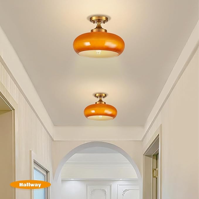 Mid Century Modern Semi Flush Mount Ceiling Light, Orange Vintage Glass Ceiling Lamp for Kitchen Hallway Living Room Entryway Bathroom Light Fixture