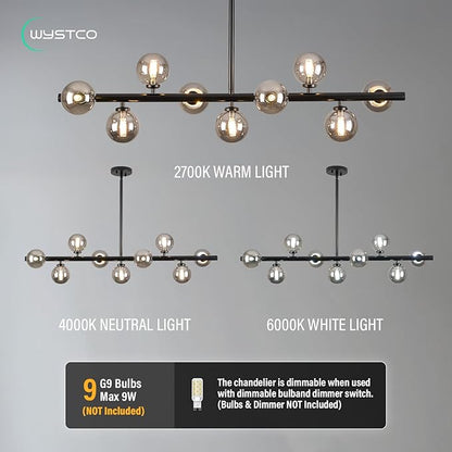 Mid Century Modern Globe Sputnik Chandelier, 9-Light Linear Chandeliers for Dining Room and Kitchen Island, Dining Light Fixture Over Table, Black and Smoke Grey Glass Bubble, 40 Inch