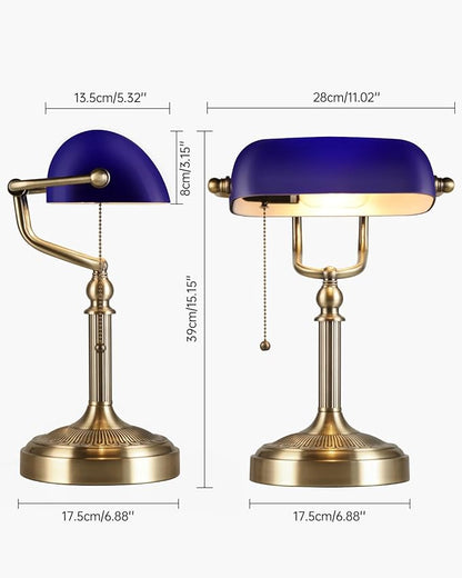 Blue Glass Bankers Desk Lamp with Pull Chain Switch Plug in Fixture for Home Office,Library