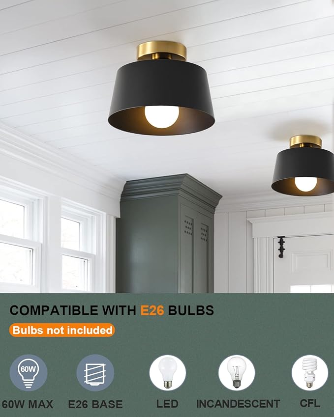 Ceiling Light Fixture, Hallway Ceiling Light with Gold Plate and Matte Black Shade, Modern Simple Style Porch Light Fixtures Semi Flush Mount (2 Pack Black)