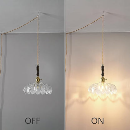 Modern Clear Plug in Glass Pendant Light Retro Flower Glass Hanging Lamp Gold Brass Decorative Adjustable Ceiling Hanging Light Suitable for Kitchen Island Bedroom Dining Room Living Room