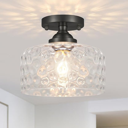 Daunton Small Semi Flush Mount Ceiling Light Fixture, Vintage Black Close to Ceiling Lighting with Hammered Glass Shade for Hallway, Kitchen, Entryway (Retro Design, Easy Install)