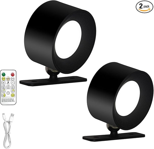 Rechargeable Wall Sconce with Remote & Touch, 360° Rotatable Battery Operated Wall Lights, 3-Color Dimmable, No Drill Adhesive, Ultra Long Battery for Bedroom Reading（Black-2PC）