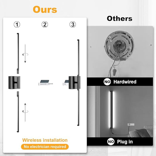 Wall Sconces Set of Two with Remote Control, 39.4 in Dimmable Black Battery Operated Wall Lights, 350° Ratation 3000K-6000K LED Wireless Rechargeable Sconce for Bathroom, Living Room, Bedroom