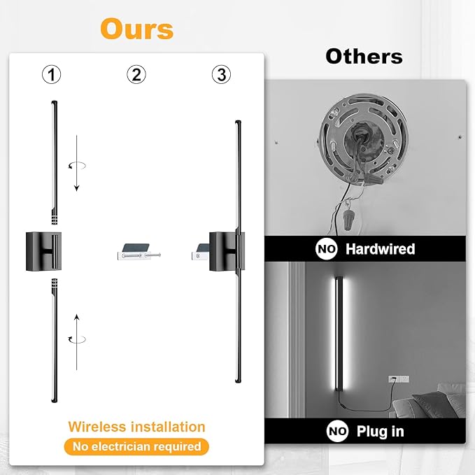 Wall Sconces Set of Two with Remote Control 29.1 in Dimmable Black Gold Battery Operated Wall Lights 350° Ratation 3000K-6000K LED Wireless Rechargeable Sconce for Bathroom Living Room Bedroom