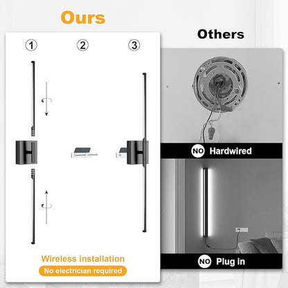 Wall Sconces Set of Two with Remote Control 29.1 in Dimmable Black Gold Battery Operated Wall Lights 350° Ratation 3000K-6000K LED Wireless Rechargeable Sconce for Bathroom Living Room Bedroom
