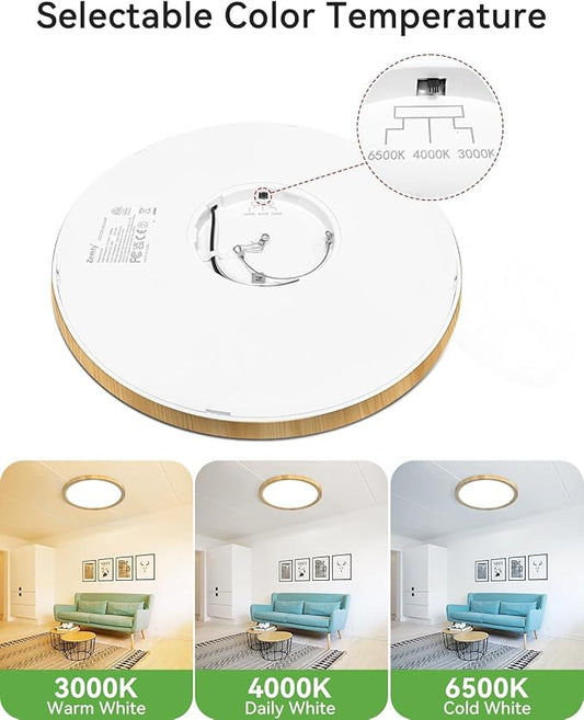 zemty 12Inch Wood-Look Ceiling Light, 28W 3200lm LED Flush Mount Ceiling Light with 3 Color Temperature 3000K/4500K/6000K - Round Flat Light Fixture for Kitchen Bathroom Livingroom，1Pack