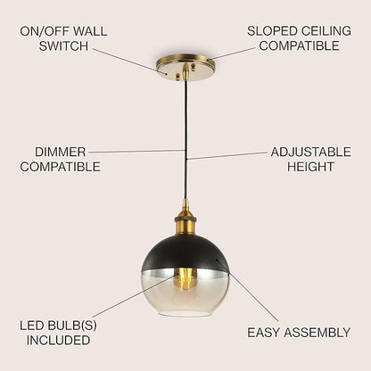 JONATHAN Y 7.5" Brass Gold/Black Mid-Century Modern Globe Pendant Light, Adjustable LED Hanging Ceiling Fixture, Champagne Smoked Glass Shade for Kitchen Island JYL3513A