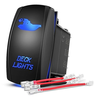 Nilight Deck Lights Rocker Switch Led Light Bar 5 Pin Laser On Off SPST Switches 20A/12V 10A/24V Blue with Jumper Wires Set for Cars Trucks Boats ATVs UTVs RVs