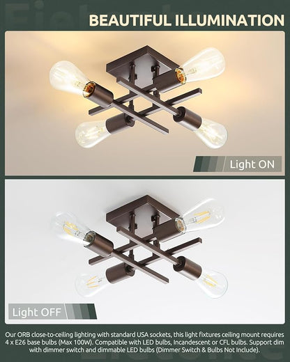 Industrial 4-Light Semi Flush Mount Ceiling Light Fixture, Farmhouse Oil Rubbed Bronze Chandelier Lighting, Modern E26 Base Sputnik Ceiling Lamp for Kitchen Living Room Hallway Entryway