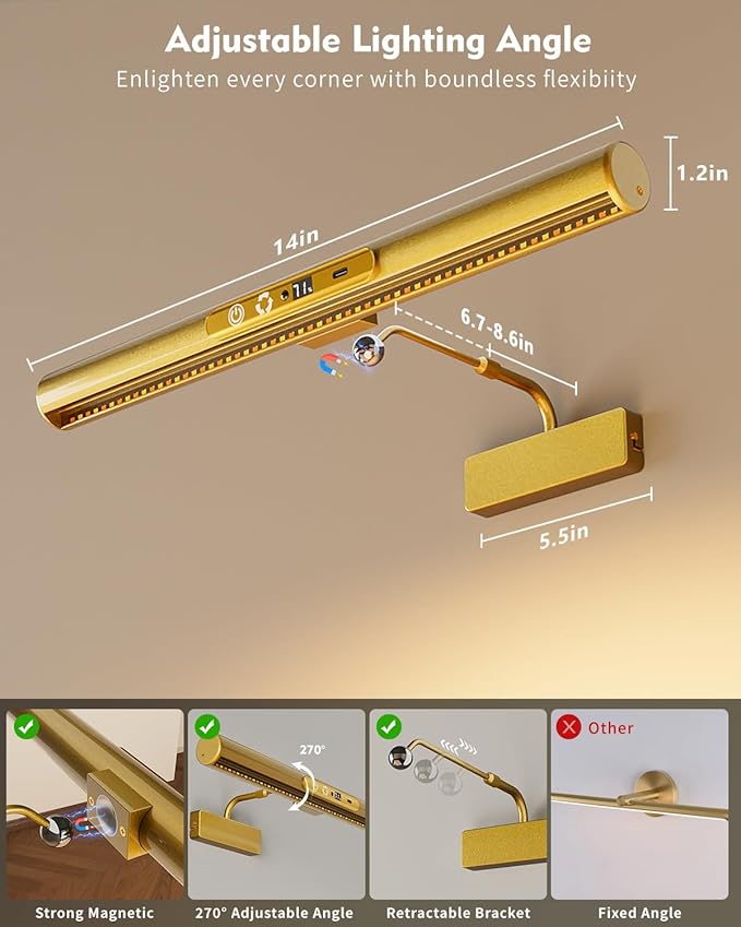 Skairipa Picture Light for Wall, 6000mAh Rechargeable Wireless Wall Lights, 13'' Dimmable Remote Magnetic LED Art Painting Light with 3 Color Temps, Display for Gallery, Living Room (Gold, 2Pack)
