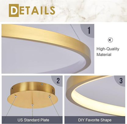 Brushed Gold LED Ring Chandelier 1-Ring 24" Remote Control Dimmable Flush Mount Pendant Chandelier for Dinning Room Office Kitchen Living Room,3000-6500K