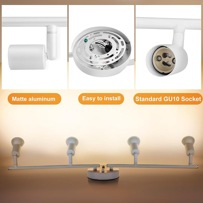 4 Light Track Lighting Fixture, GU10 Rotatable Heads, Matte White, Bulbs Not Included, Perfect for Kitchen, Office, Laundry, Dining Room
