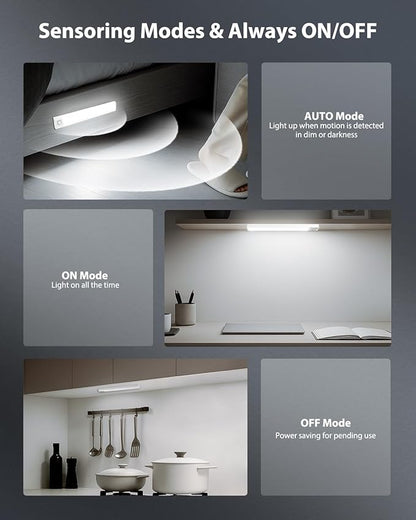 10inch Under Cabinet Lighting, 68 LED Rechargeable Motion Sensor Light Indoor, 6 Levels Dimmable Magnetic Closet Lights, Wireless Under Counter Lights for Kitchen, Stairs, Bedroom, 2-Pack Daylight