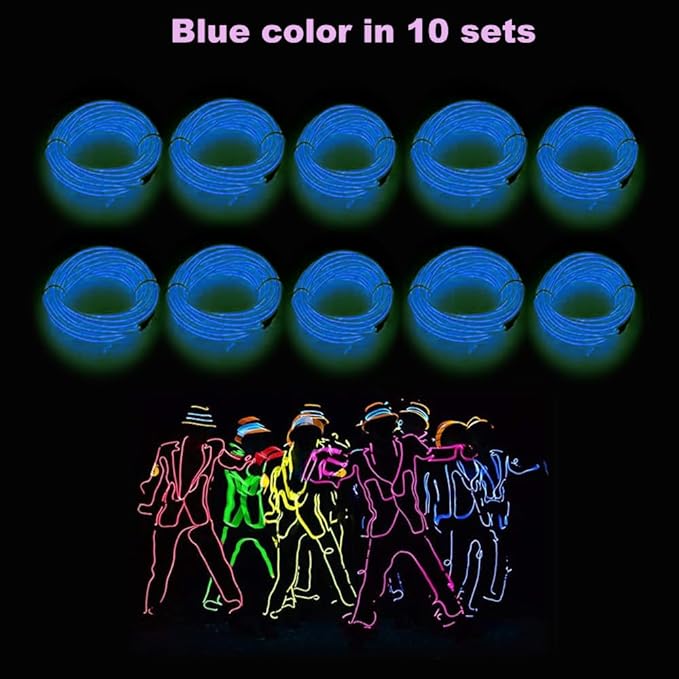 MaxLax EL Wire Blue 10-Pack, 16.4ft/5m Neon Light Wire with Noise Reduction and Battery Pack…