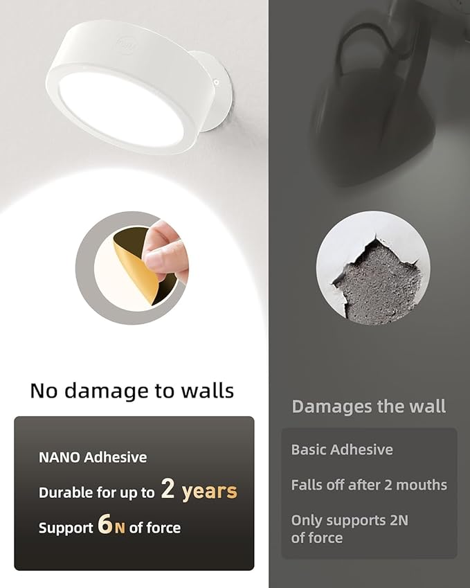 EZVALO LED Wall Mounted Light, 3000mAh Rechargeable Cordless Wall Sconce, Dimmable with Remote & Touch Control, 3 Color Temps, 360° Rotatable for Bedroom, Bedside, Reading(White, 2Pack)
