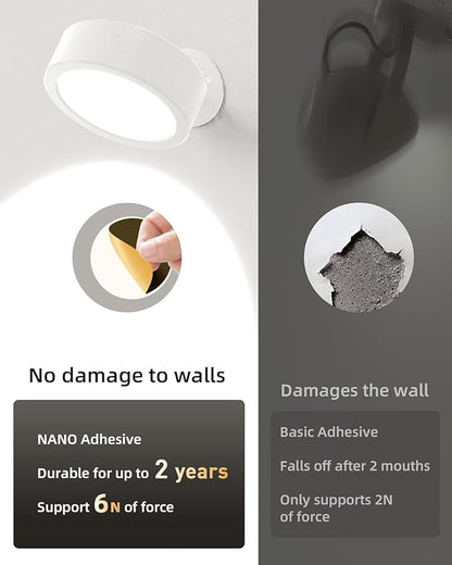 EZVALO LED Wall Mounted Light, 3000mAh Rechargeable Cordless Wall Sconce, 3 Color Temperatures, Dimmable with Remote & Touch Control, 360° Rotatable for Bedroom, Bedside, Reading, Study (White)