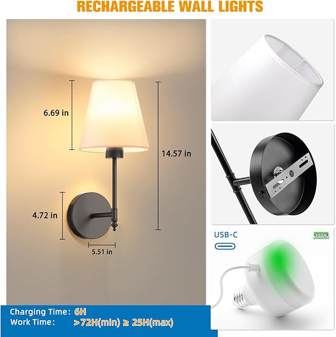 NIORSUN 14.5 inch Battery Operated Wall Sconce Set of 2,Black Rechargeable Wall Lights with 5200mAh Dimmable Detachable Bulbs and Remote,9 Colors Wireless Sconces for Bedroom Living Room Hallway Decor