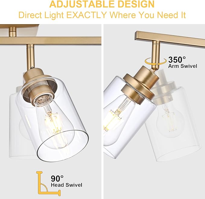 3-Light Gold Tracking Lights, Multi-Directional Rotating Ceiling Tracking Lighting Fixture with Clear Glass, Modern Bathroom Ceiling Vanity Lights Track Lighting Kits for Kitchen Accent Shop