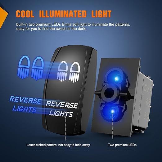 Nilight Reverse Lights Rocker Switches Led Light Bar Switch 5 Pin Laser On Off SPST switches 20A/12V 10A/24V Blue with Jumper Wires Set for Cars Trucks Boats ATVs UTVs RVs