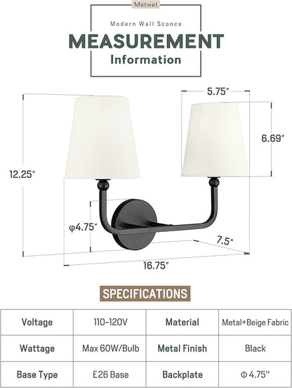 2-Light Bathroom Light Fixtures, Matte Black Vanity Lights, Double Wall Sconce with Beige Fabric Shade, Modern Sconces Wall Lighting for Hallway Bedroom Stairway, VL837-MB-B-2