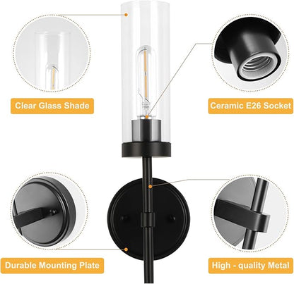 WILON Wall Sconces 2 pcs, Bathroom Sconces Vanity Light Fixtures with Clear Glass Shades, Indoor Rustic Farmhouse Wall Lamps for Bedroom Living Room Bathroom Bedside Hallway Mirror, Black