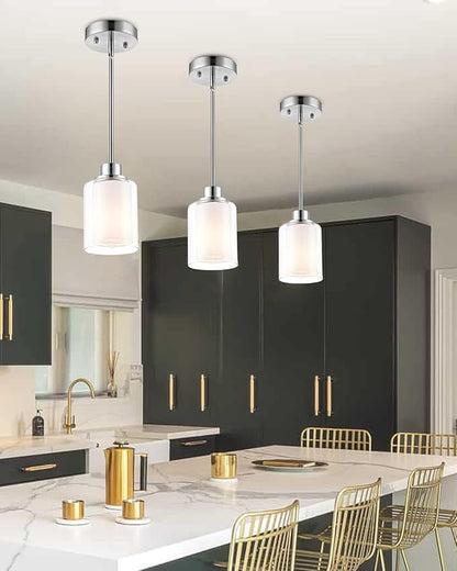 1-Light Mini Pendant Light Fixtures, 3 Pack Modern Brushed Nickel Hanging Ceiling Light with Dual Glass, Adjustable Height