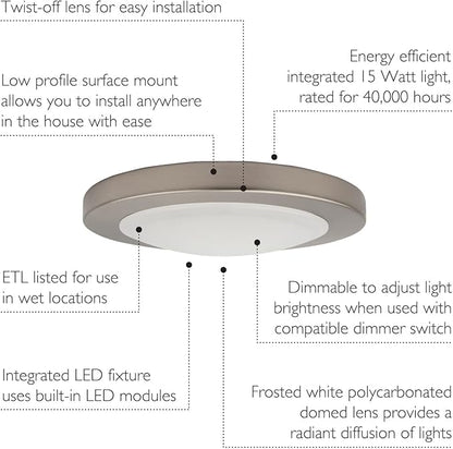 Design House Paxton Integrated LED Ceiling Disk Light, Flush Mount, Dimmable, Brushed Nickel, for Kitchen, Bathroom, Bedroom, Hallway – Design House, 588152