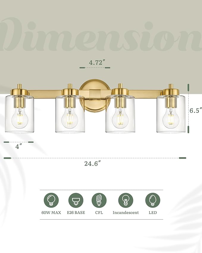 Ken & Ricky 4 Light Brushed Gold Bathroom Vanity Lights Fixtures Over Mirror, Modern Bathroom Wall Sconce Lighting Fixtures 24.6 inch with Clear Glass Shades for Living Room Bedroom Entryway