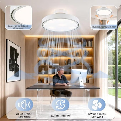Bladeless Ceiling Fans with Lights and Remote, Flush Mount Modern Ceiling Fan with Light, 6 Speeds, Stepless dimming & 3000-6000K CCT LED Lights for Bedroom, Living Room (White)
