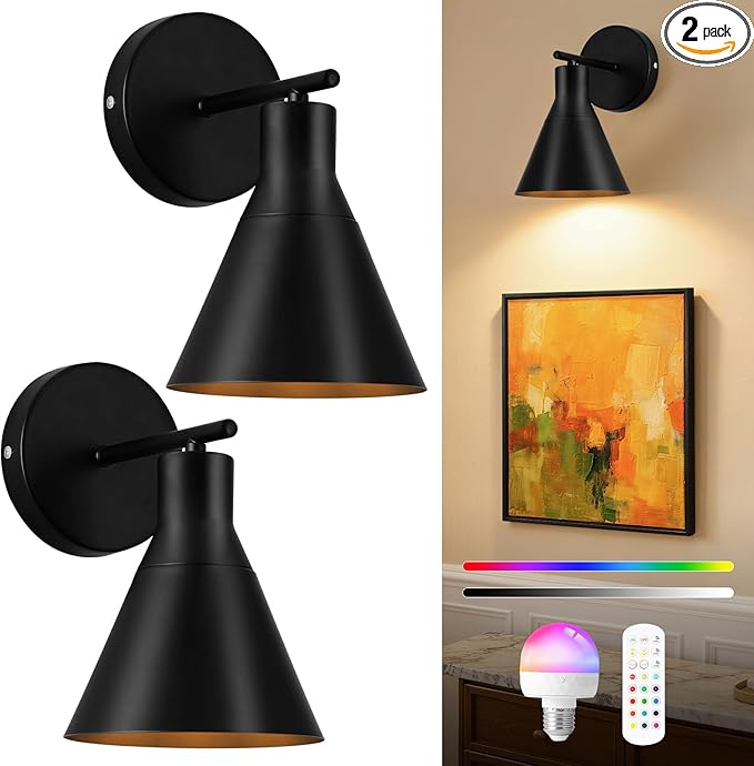 Modern Wireless Battery Operated Wall Sconces, Black Rechargeable Cordless LED Wall Lights Set of Two, Dimmable Battery Powered Wall Decor Lamp Fixture with Remote Control for Bedroom Indoor