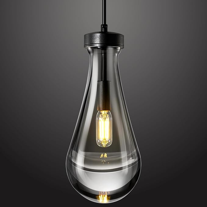 Raindrop Pendant Lights Kitchen Island Teardrop Black Hanging Light Fixtures Clear Solid Glass Pendant Light Modern Chandeliers for Dining Room Porch Corridor Living Room…