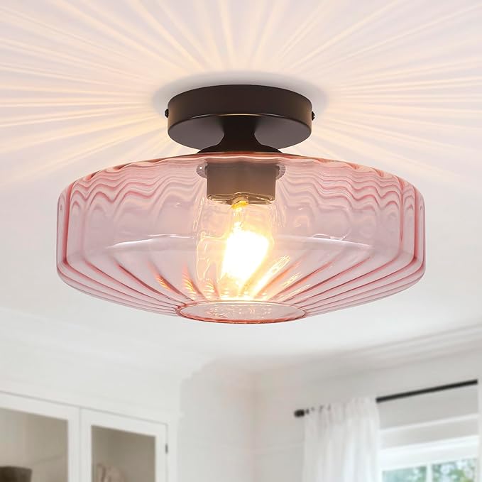 Pink Glass Ceiling Light, 11.8 Inches Mid Century Semi Flush Mount Ceiling Light Retro Small Chandelier Glass Overhead Lighting for Girl's Room Kids Room Nursery Bedroom Closet Hallway E26