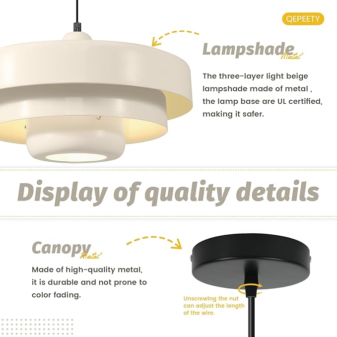 Mid-Century Modern Pendant Light, Beige Pendant Lighting, 1-Light Adjustable Hanging Light Fixture for Kitchen Island, Dining Room, Bedroom, Living Room